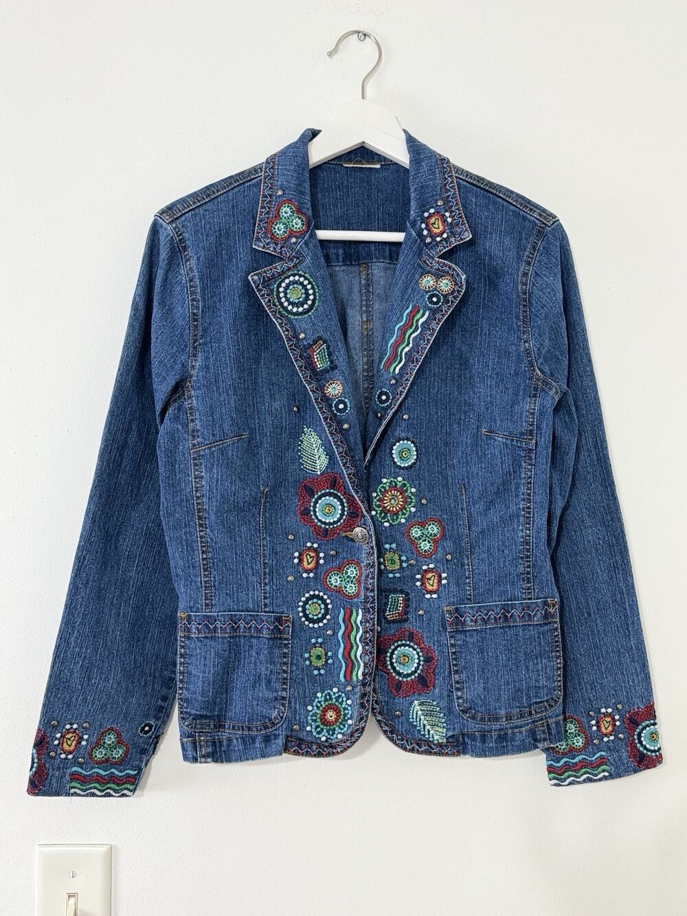Women’s Aztec Embroidered Denim Jacket Boho Western Floral Pocket Size S